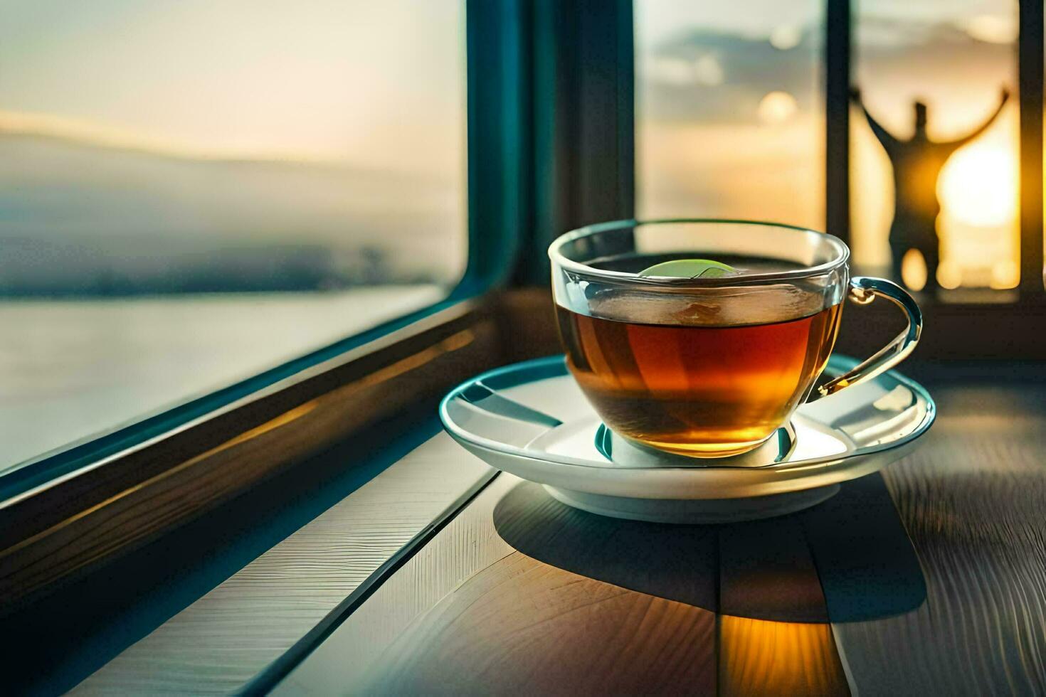 a cup of tea sits on a table with a view of the ocean. AI-Generated photo