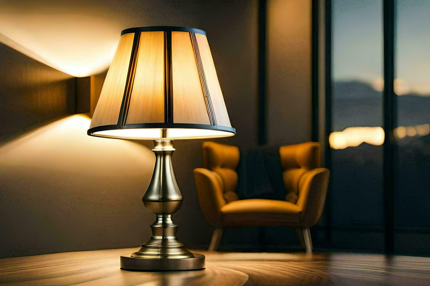 a lamp on a table in front of a window. AI-Generated photo