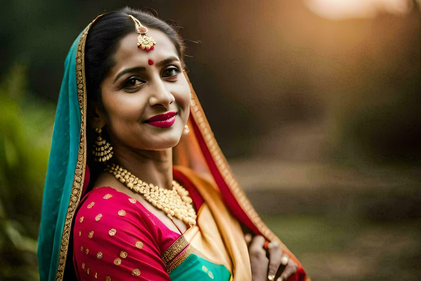 un indio mujer en tradicional ropa poses para el cámara. generado por ai foto