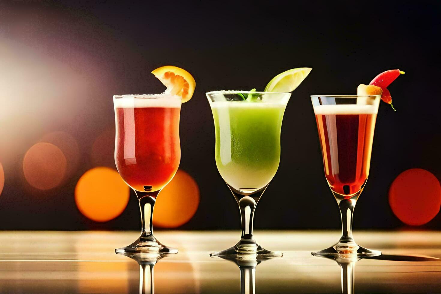 Tres diferente tipos de bebidas en lentes. generado por ai foto