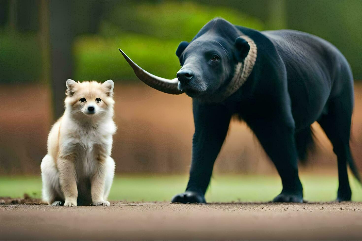 a dog and a black bear standing next to each other. AI-Generated photo