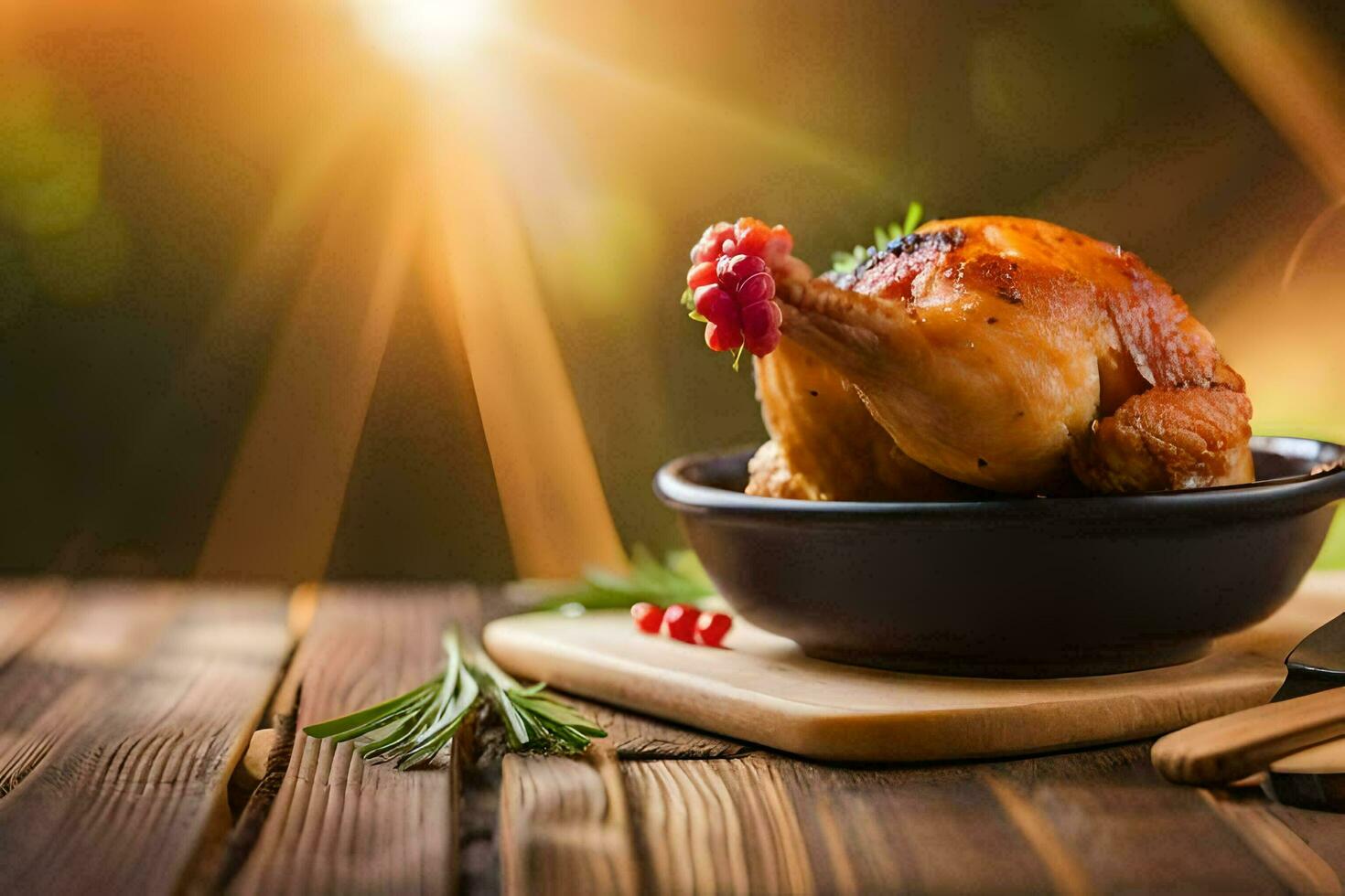 a roasted chicken is served on a wooden table with a knife and fork. AI-Generated photo