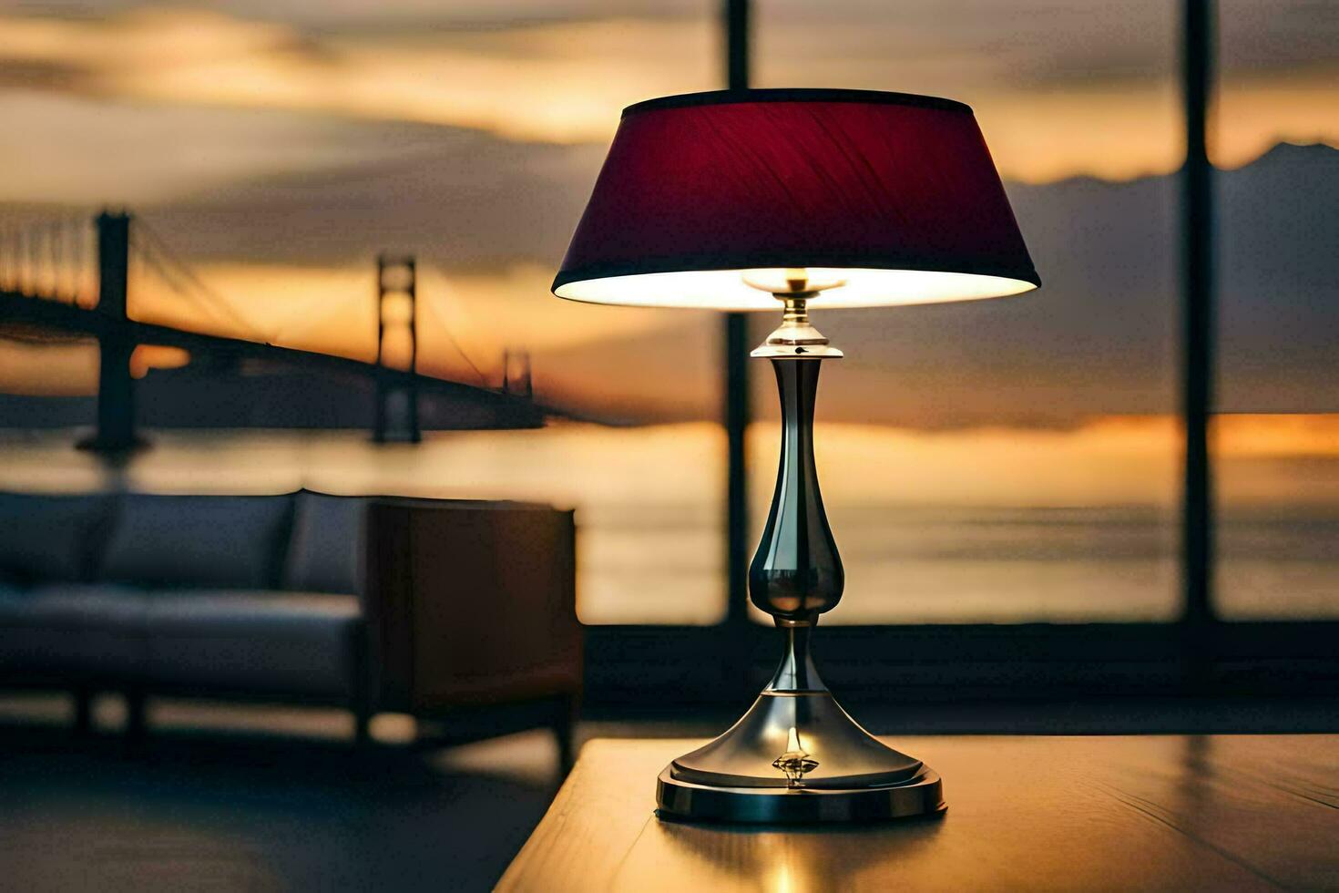 a lamp on a table in front of a window. AI-Generated photo