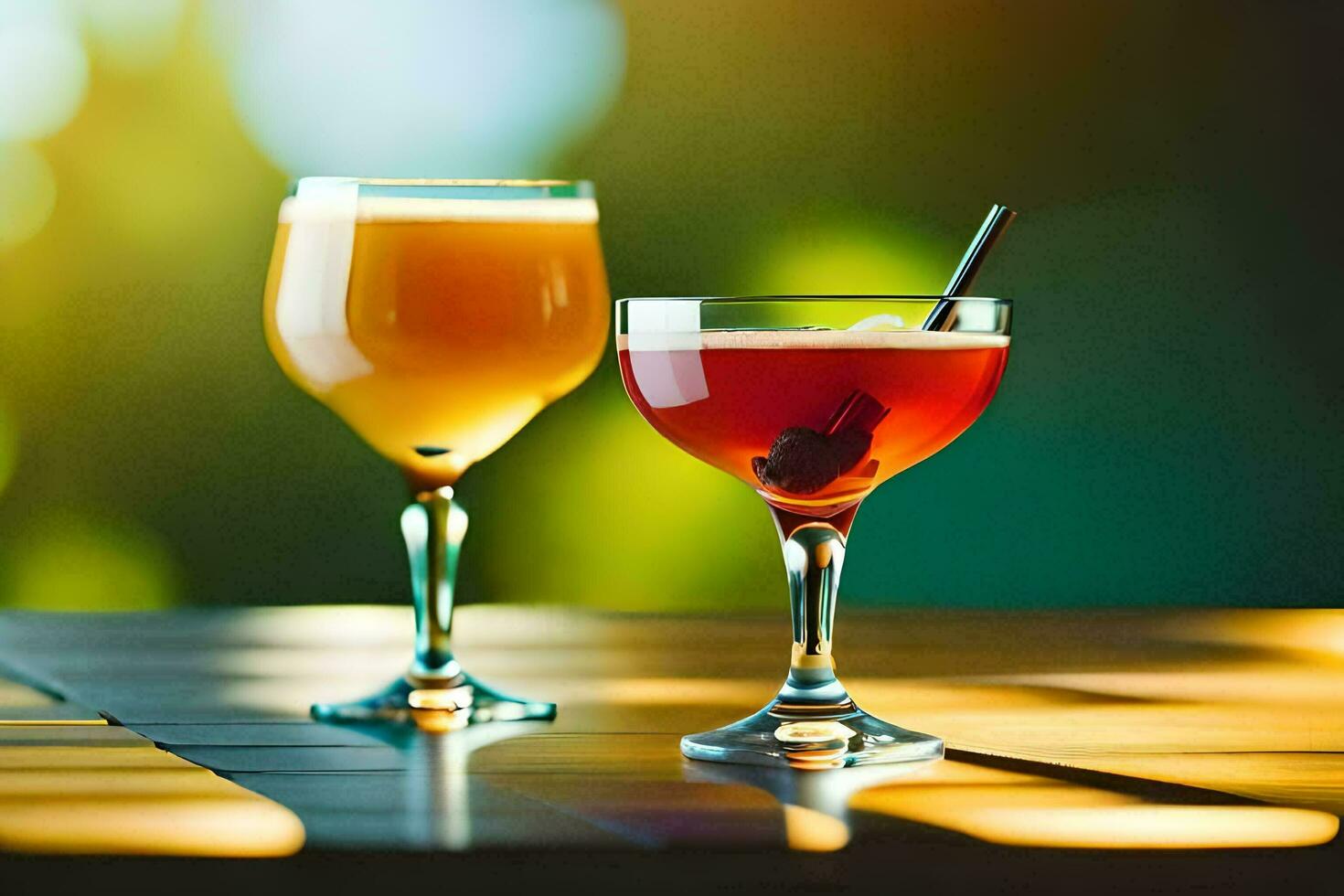 two glasses of alcoholic drinks on a table. AI-Generated photo