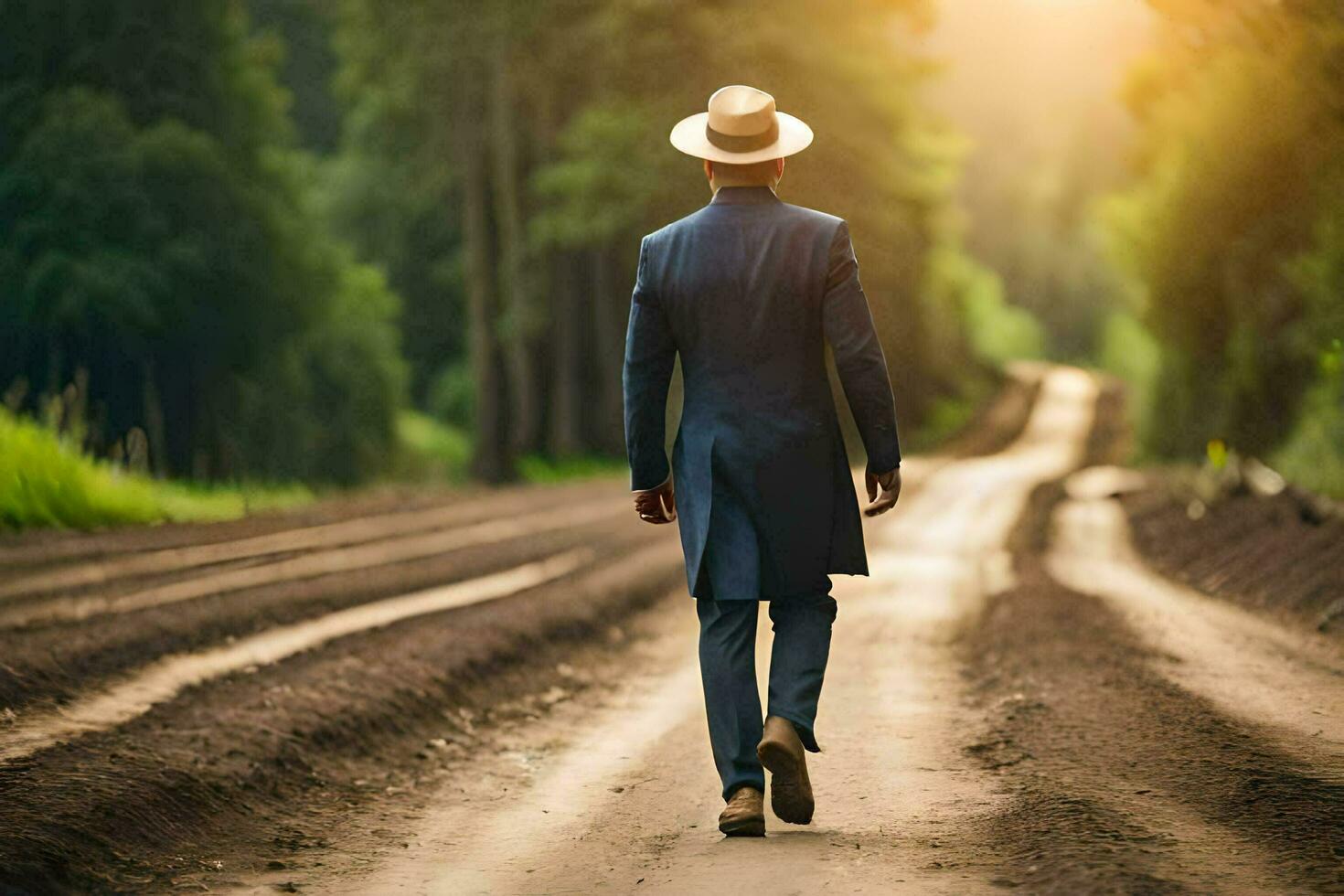 a man in a suit and hat walking down a dirt road. AI-Generated photo