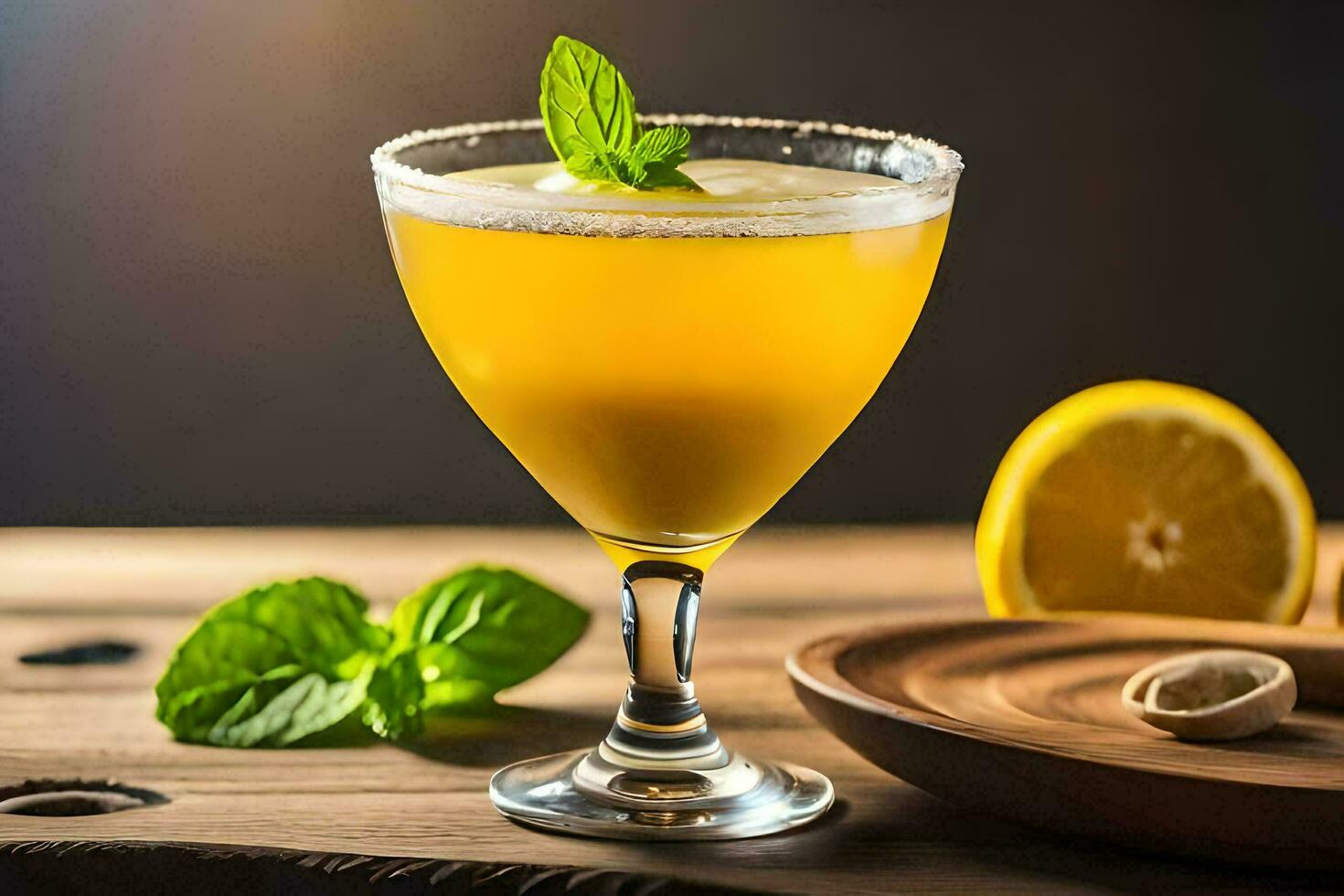 a cocktail with lemon and mint on a wooden table. AI-Generated photo