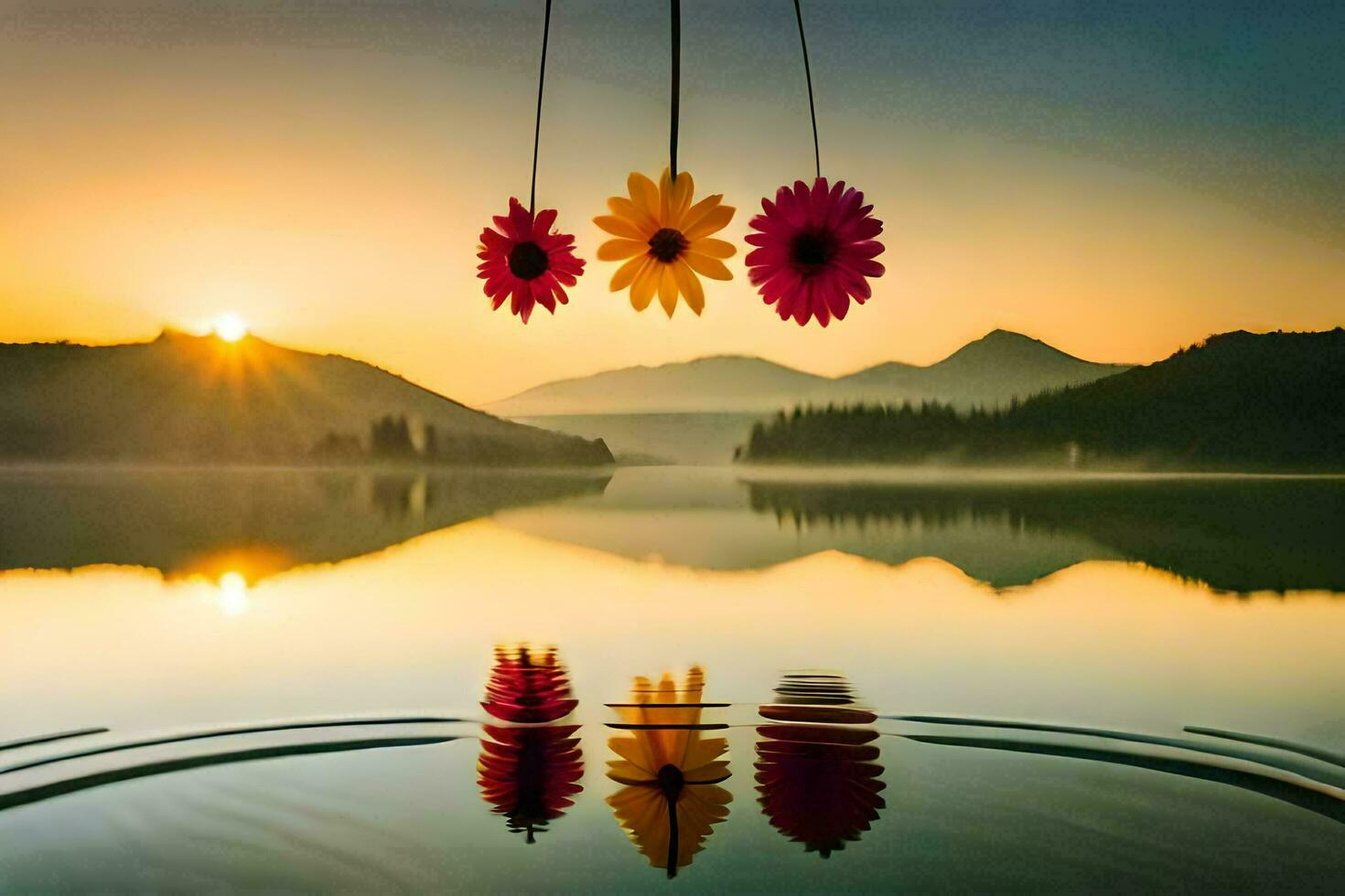 sunset over a lake with flowers hanging from a rope. AI-Generated photo