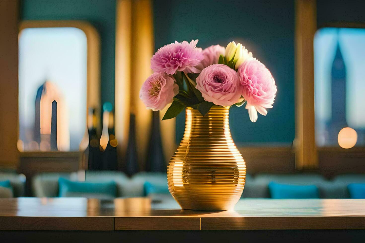 a gold vase with pink flowers on a table in front of a city skyline. AI-Generated photo