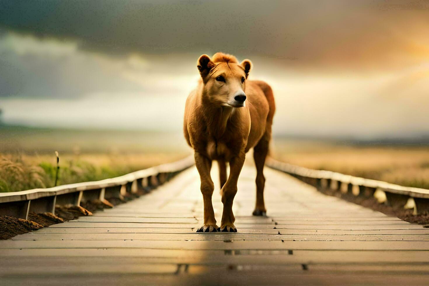 a brown horse standing on a wooden bridge. AI-Generated photo