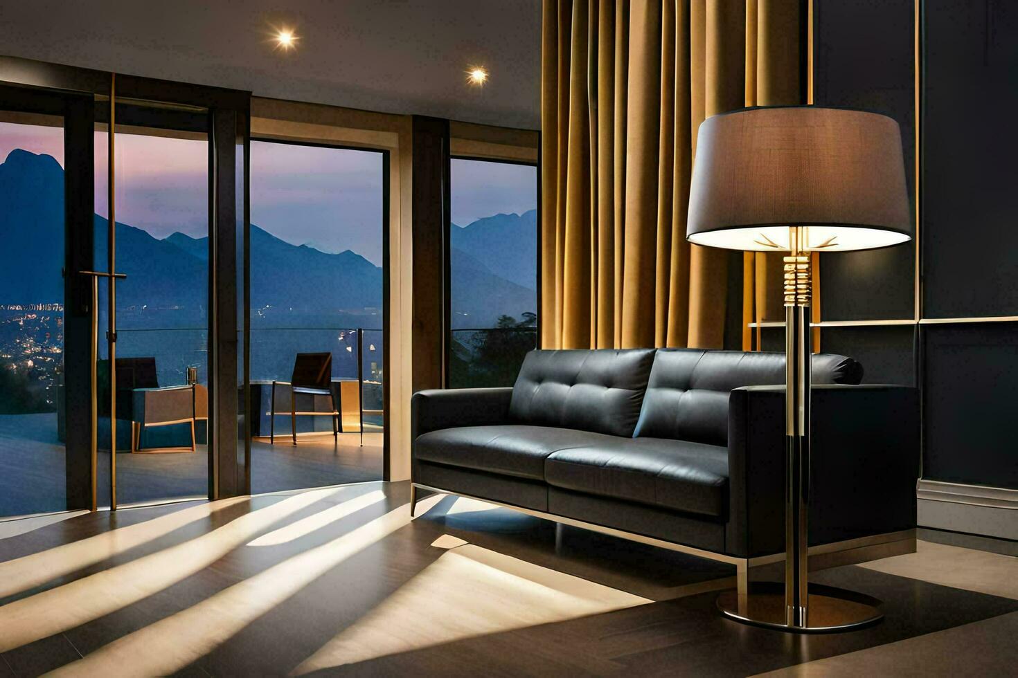 a living room with a black couch and a view of the mountains. AI-Generated photo