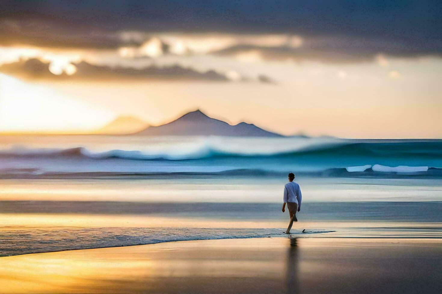 a man walking on the beach at sunset. AI-Generated photo