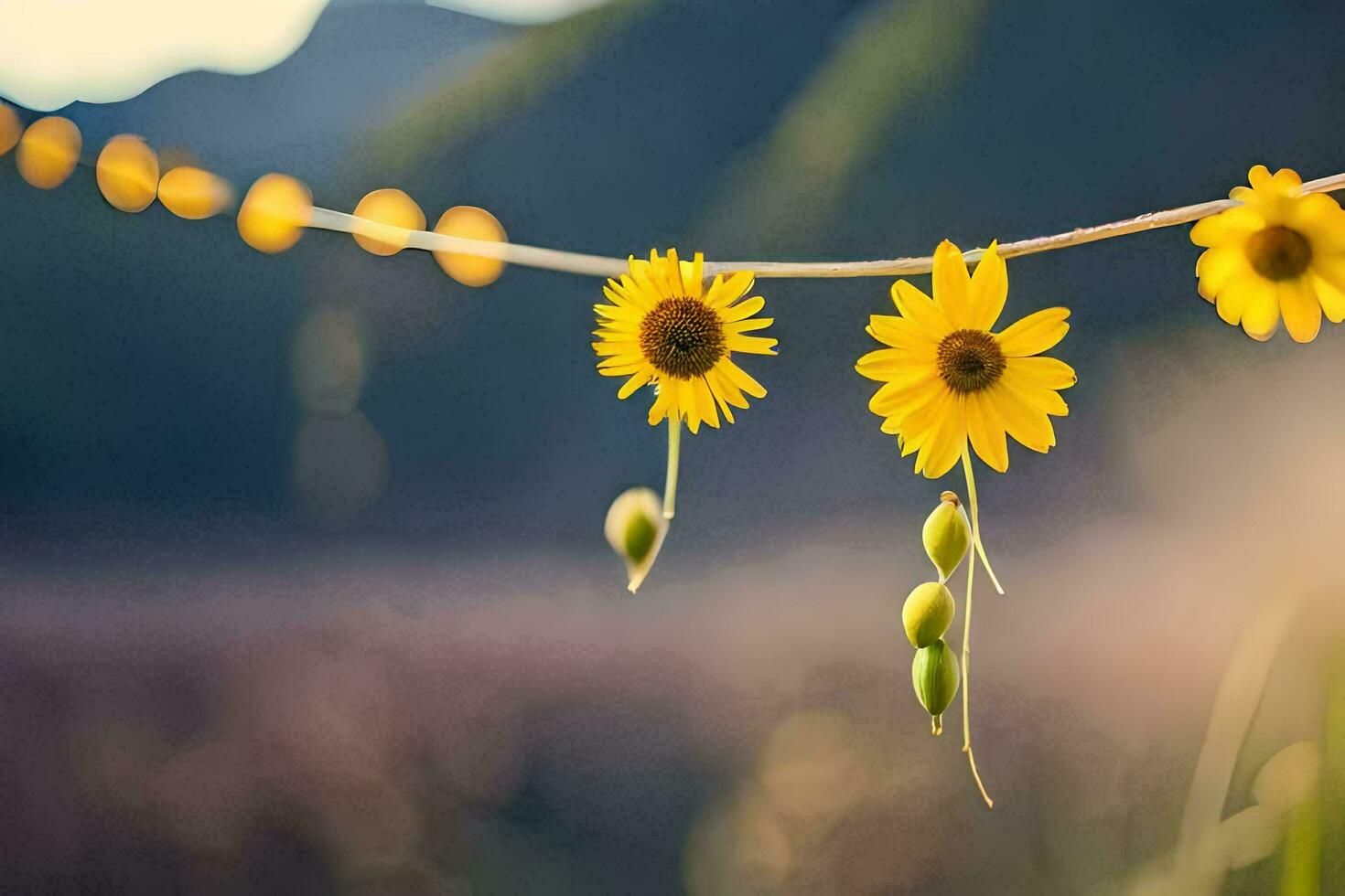 sunflowers hanging from a wire in front of a mountain. AI-Generated photo