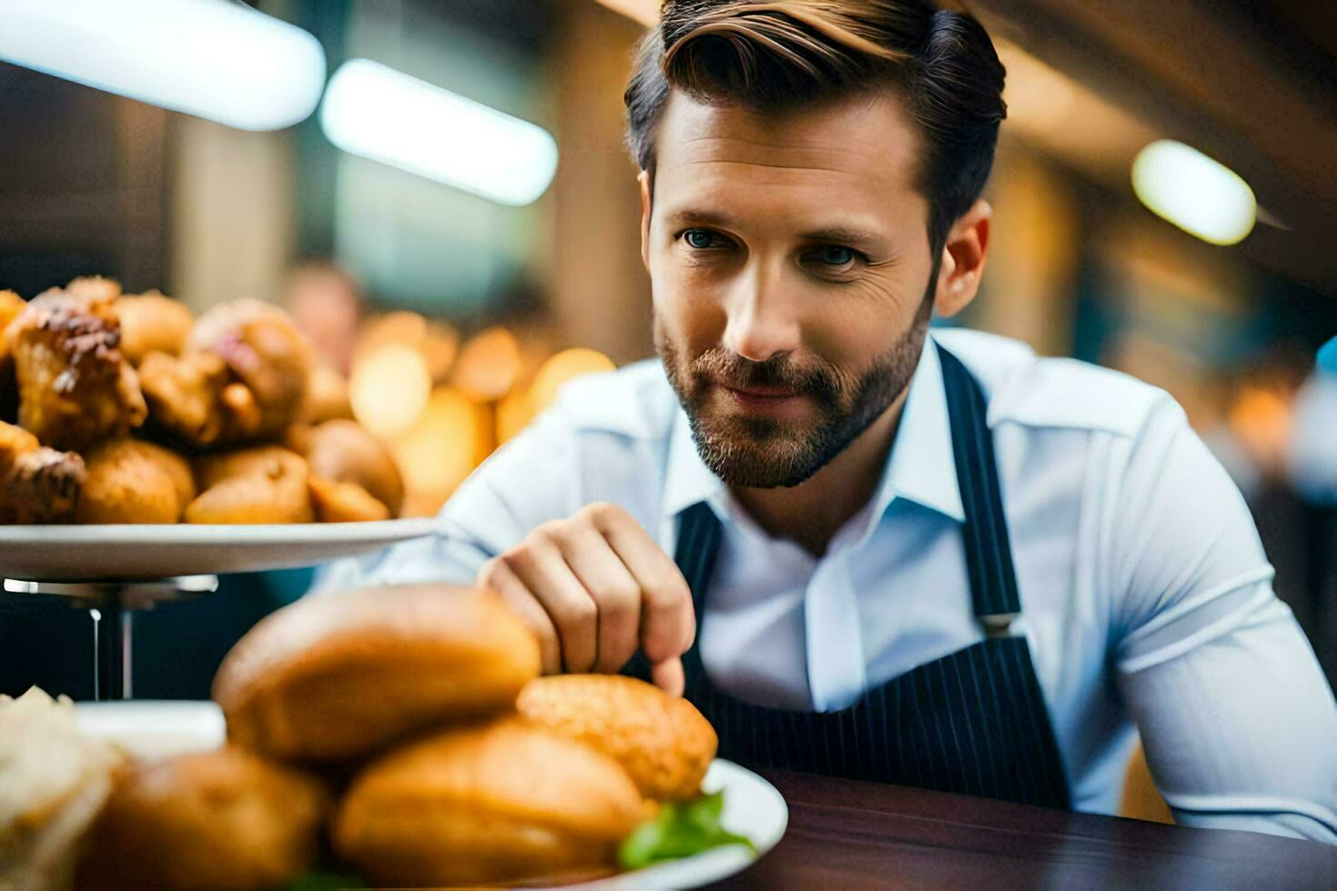 a man in apron sitting at a table with a plate of food. AI-Generated photo