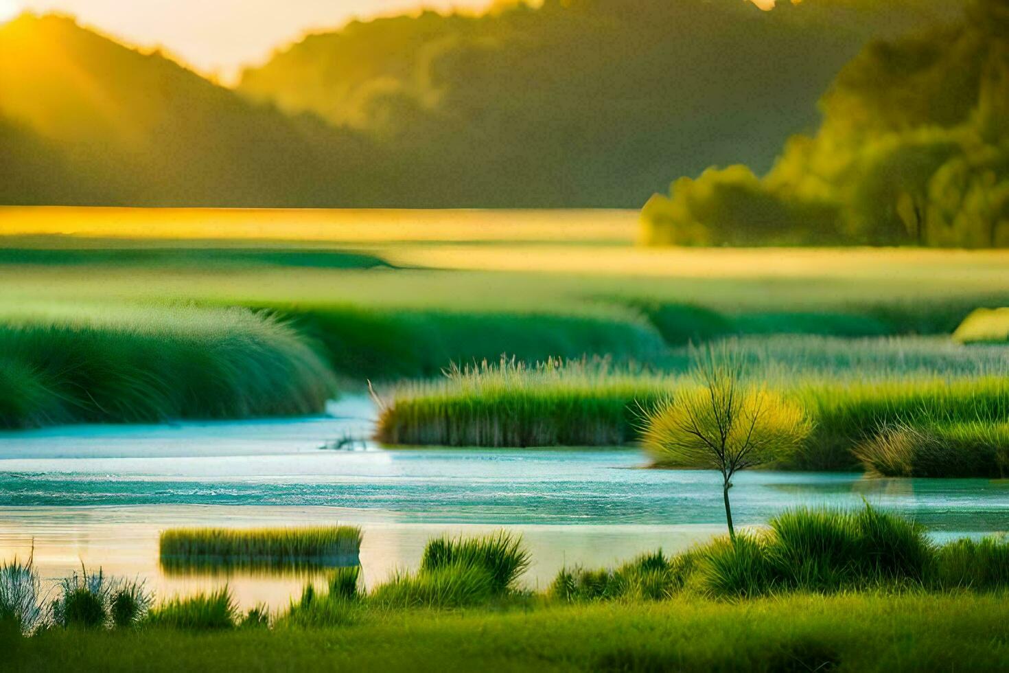 el Dom brilla terminado un pantano y herboso campo. generado por ai foto