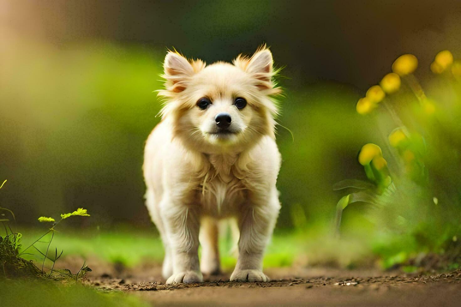 un pequeño perro es en pie en un suciedad la carretera. generado por ai foto