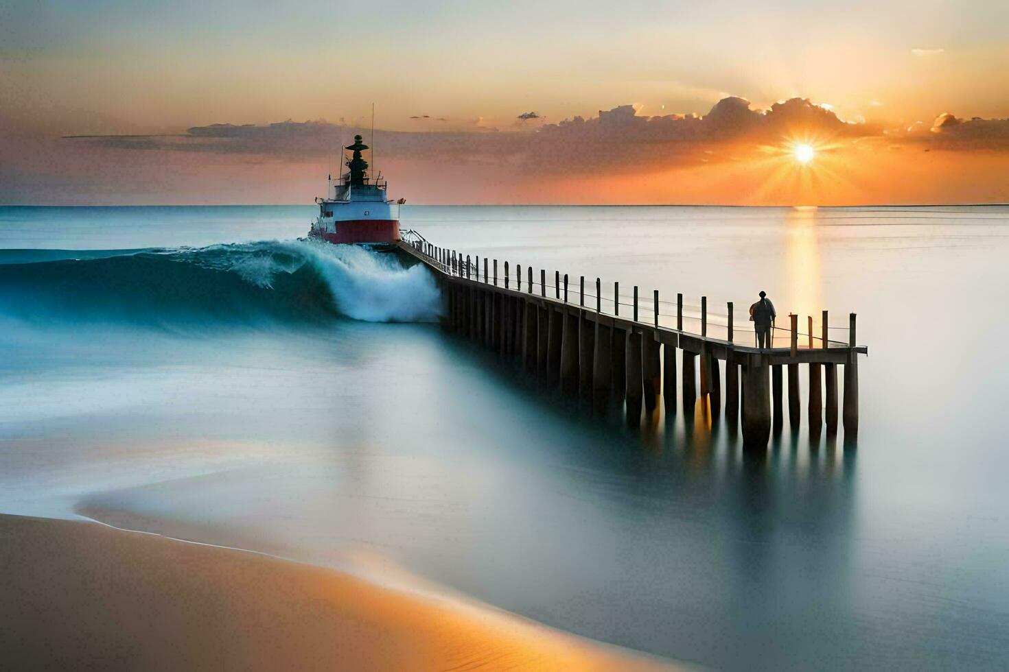 a lighthouse at sunset with waves crashing into the shore. AI-Generated photo