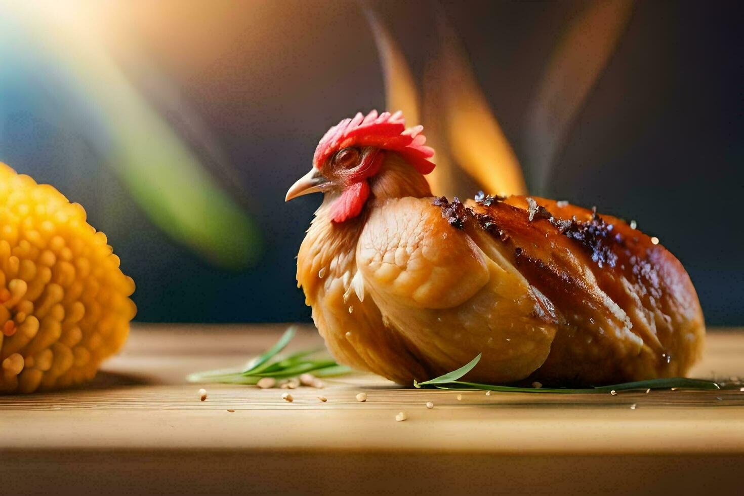 a chicken is sitting on top of a wooden table. AI-Generated photo