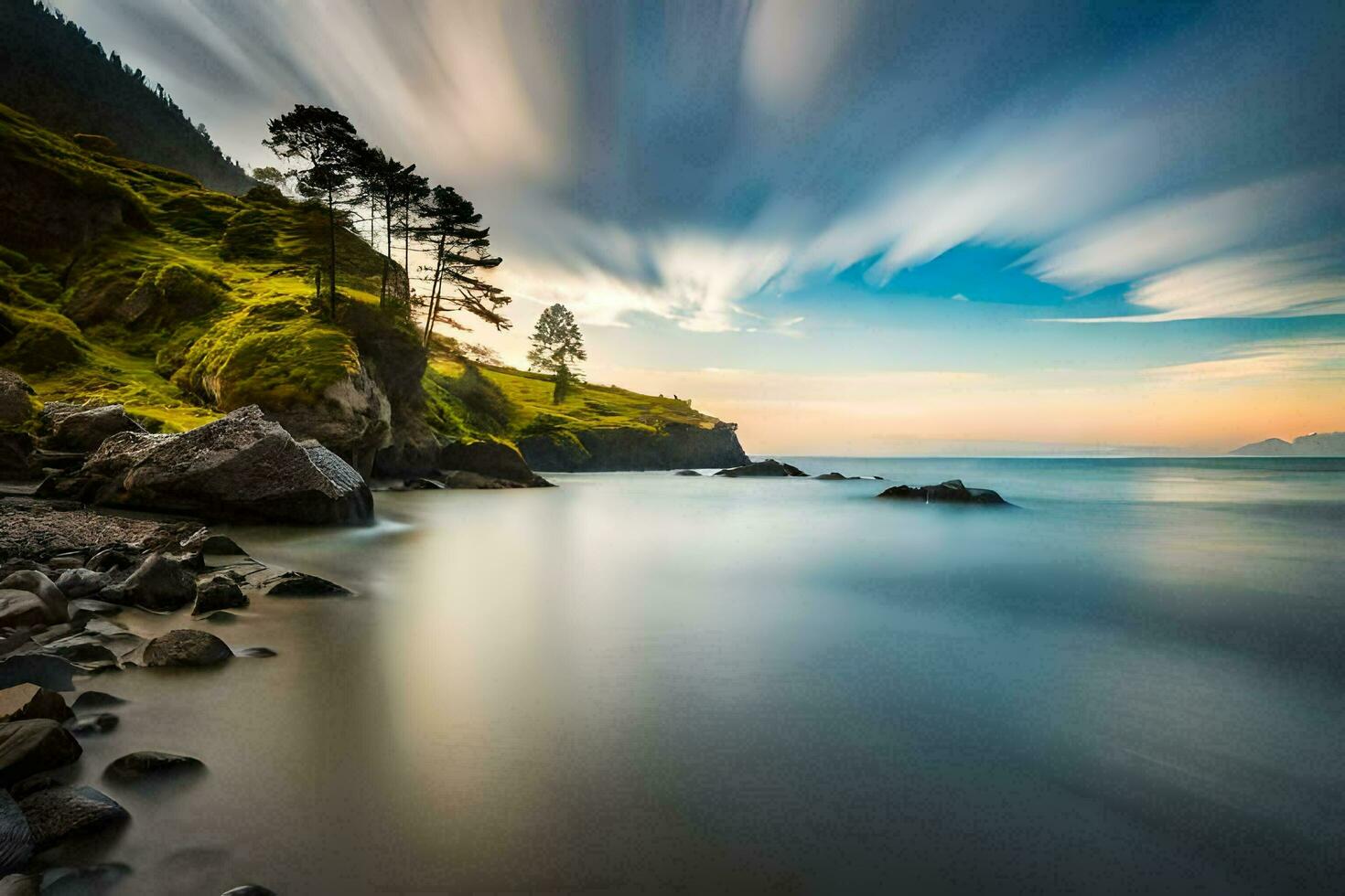 a long exposure photograph of a rocky shoreline and trees. AI-Generated photo