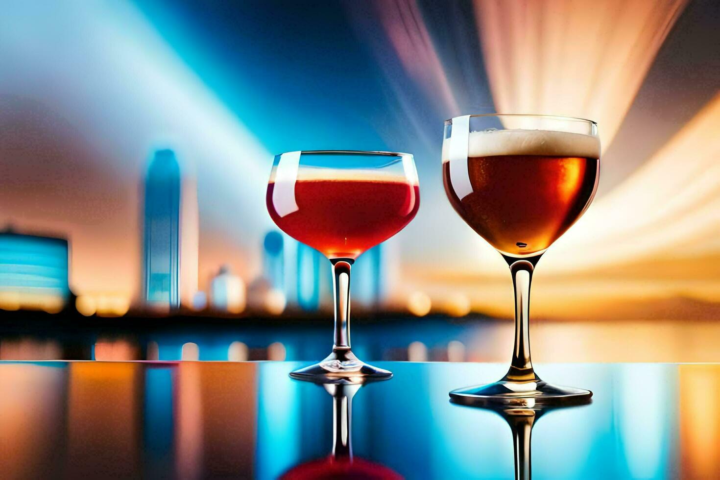 two glasses of wine on a table in front of a city skyline. AI-Generated photo