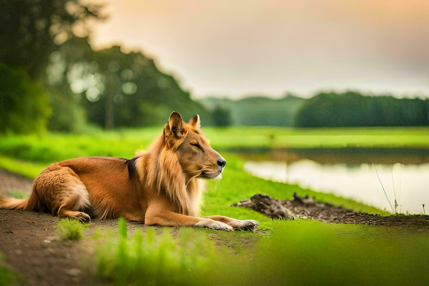 a lion is sitting on the ground near a lake. AI-Generated photo