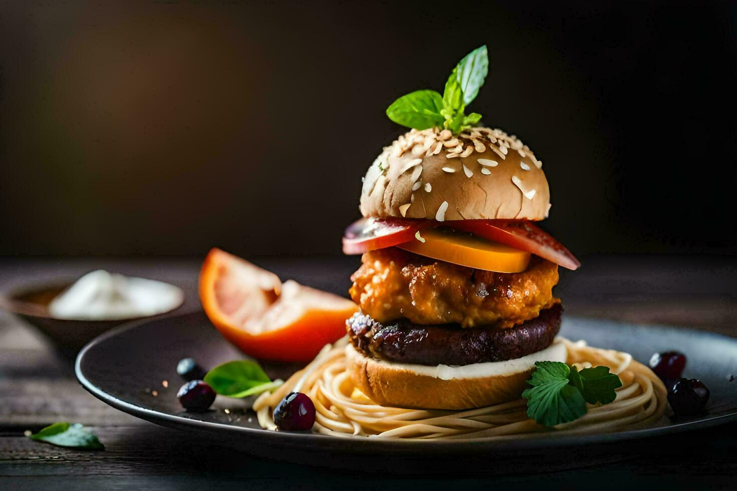 a hamburger with meat, tomatoes and cheese on a plate. AI-Generated photo