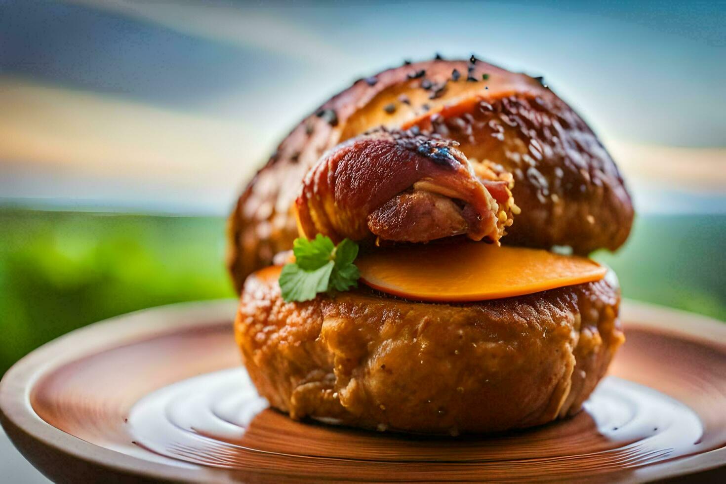 un pedazo de carne en un bollo con un verde antecedentes. generado por ai foto