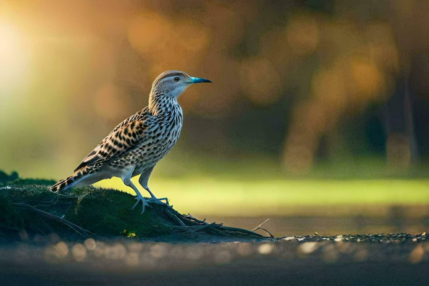 a bird is standing on a rock near water. AI-Generated photo