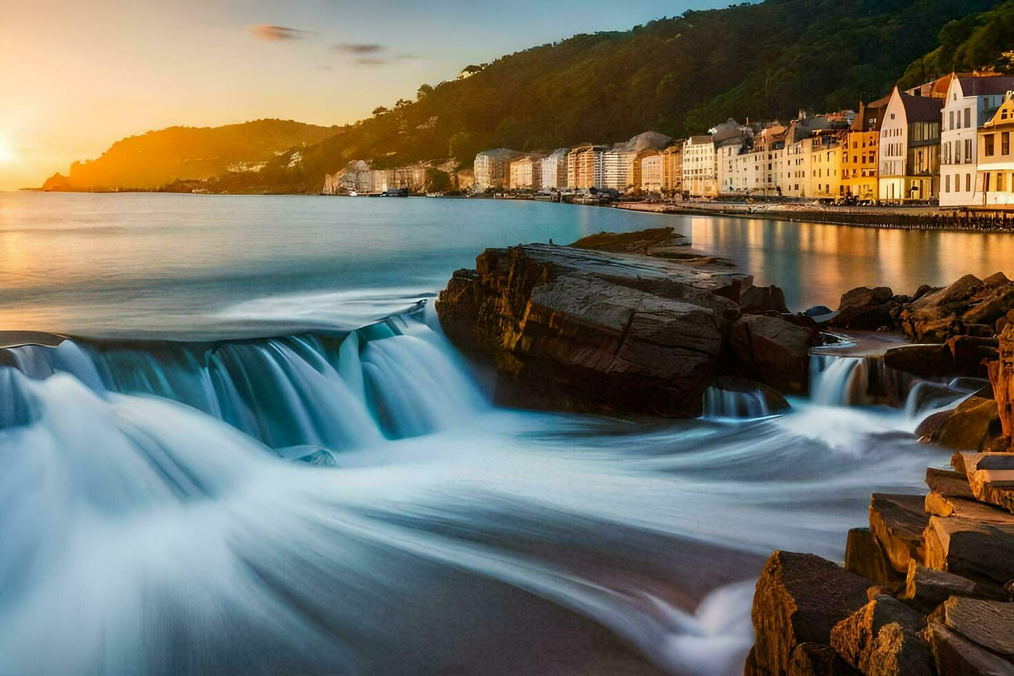 el Dom conjuntos terminado el agua y rocas en un ciudad. generado por ai foto