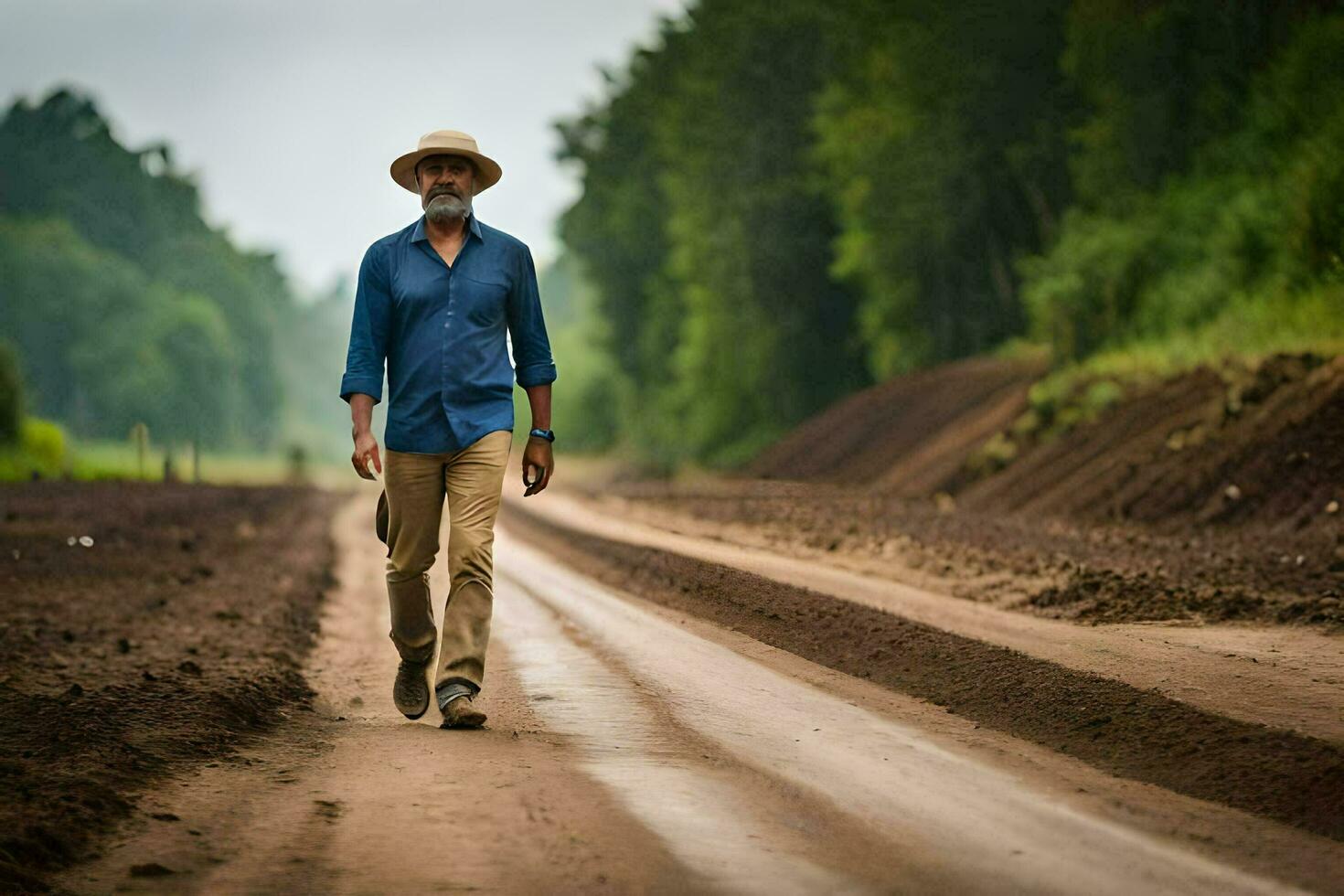 a man in a hat walks down a dirt road. AI-Generated photo