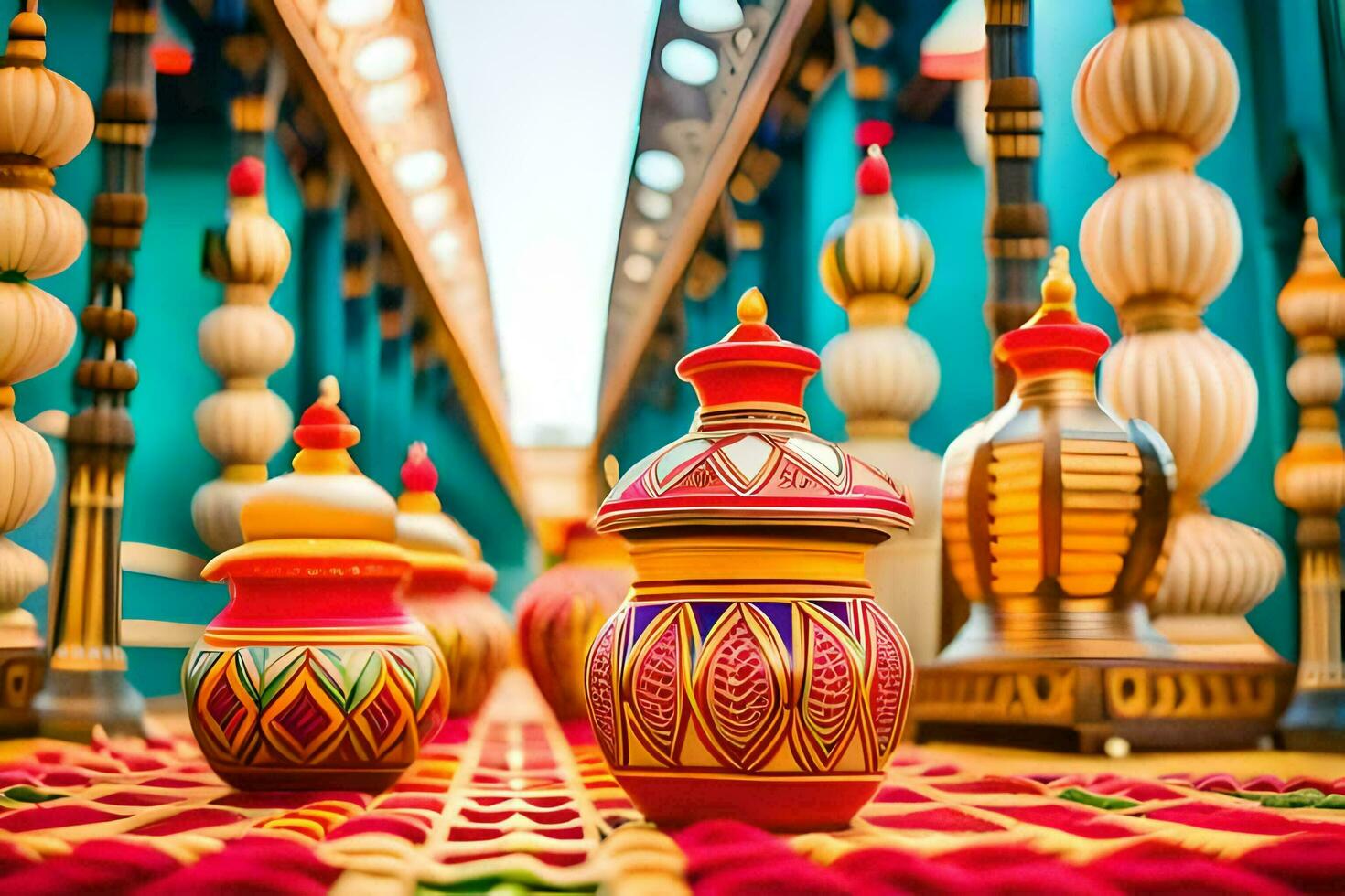 colorful vases are lined up on a carpet. AI-Generated photo