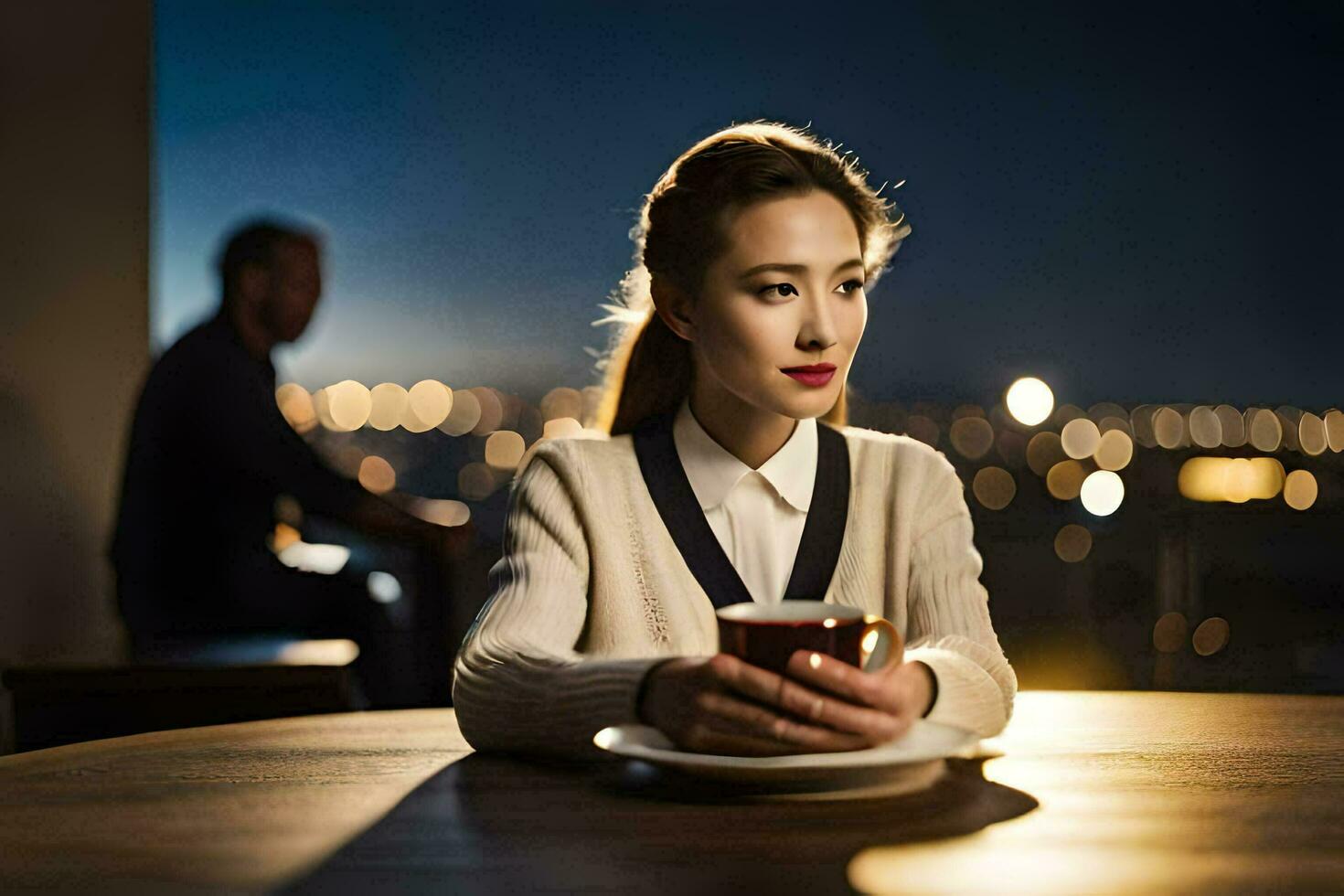 a woman sitting at a table with a cup of coffee. AI-Generated photo