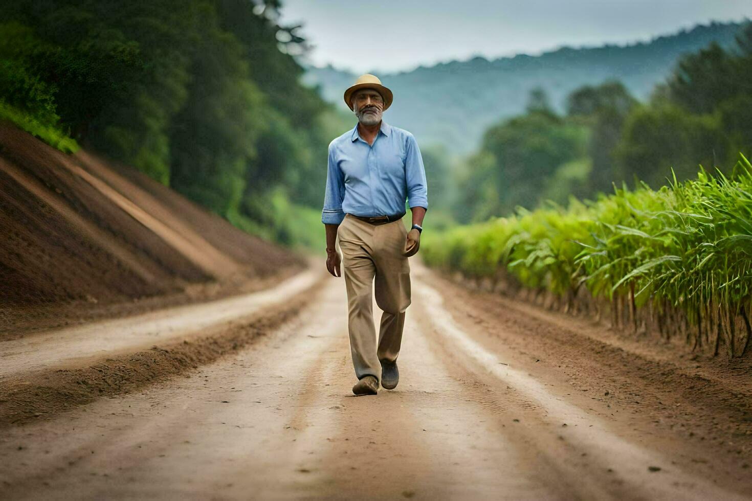 a man walking down a dirt road with a field of corn. AI-Generated photo