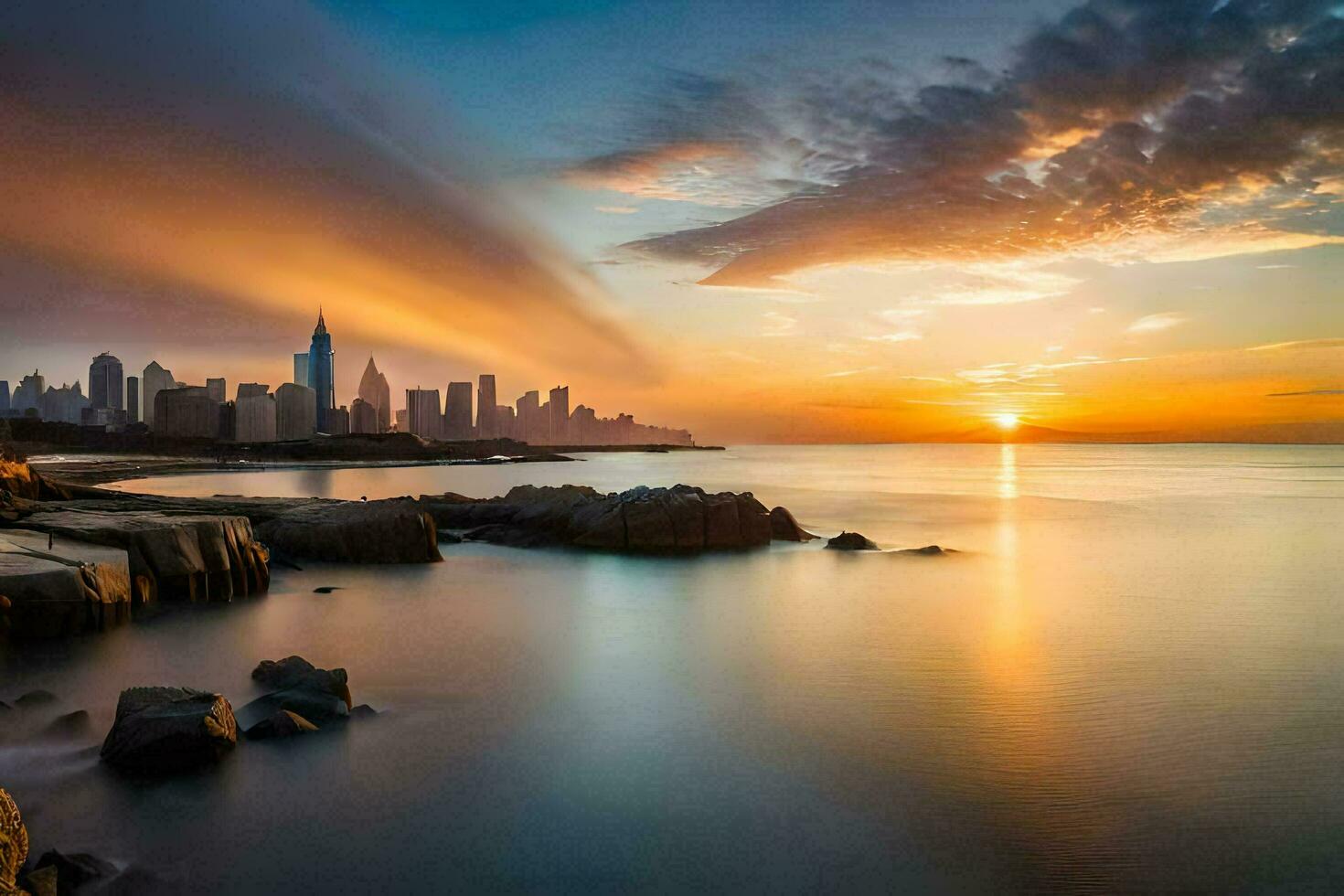 the sun sets over the city skyline in this photo. AI-Generated photo