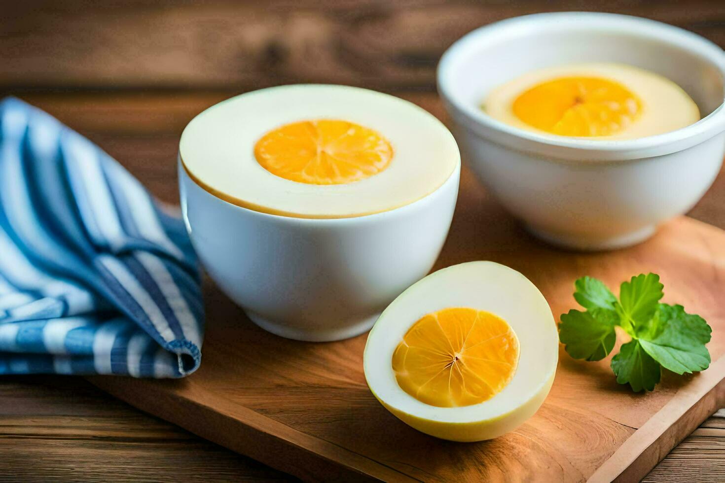 an egg is cut in half and placed in a bowl. AI-Generated photo