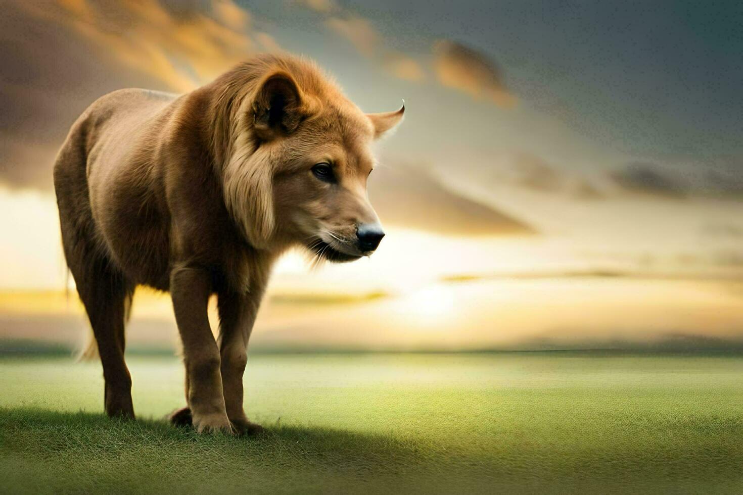 a lion standing in the grass at sunset. AI-Generated photo