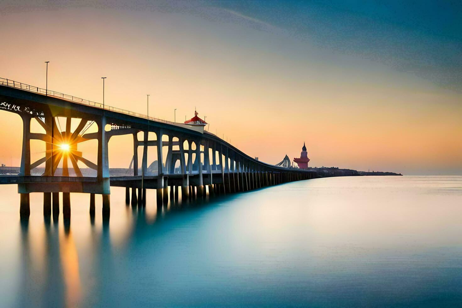 the sun is setting over a long bridge. AI-Generated photo