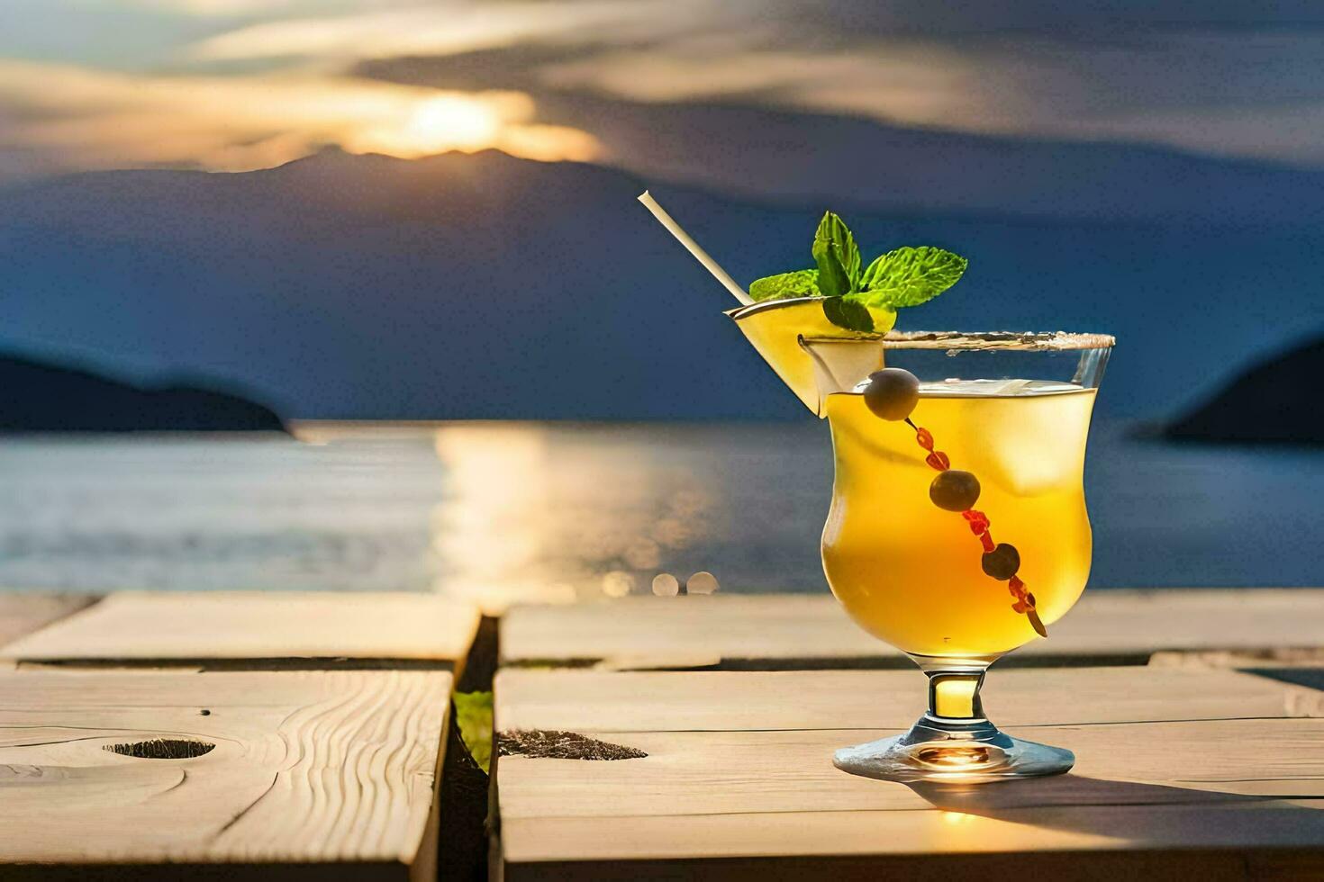 cocktail on the table with sunset in the background. AI-Generated photo