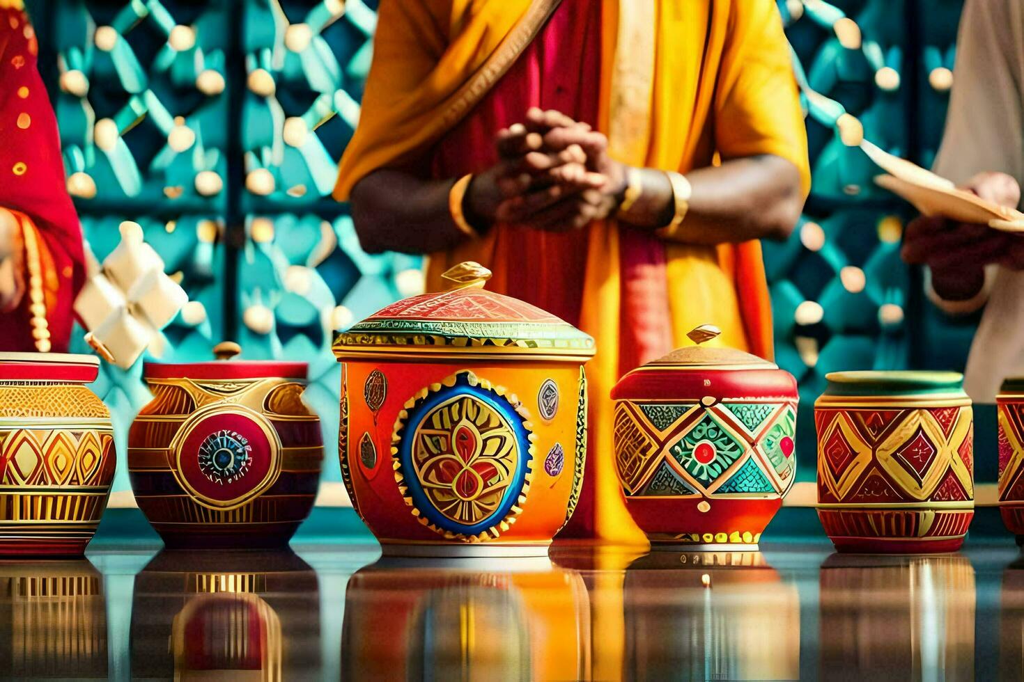 a group of people in indian clothing are standing around a table with colorful pots. AI-Generated photo