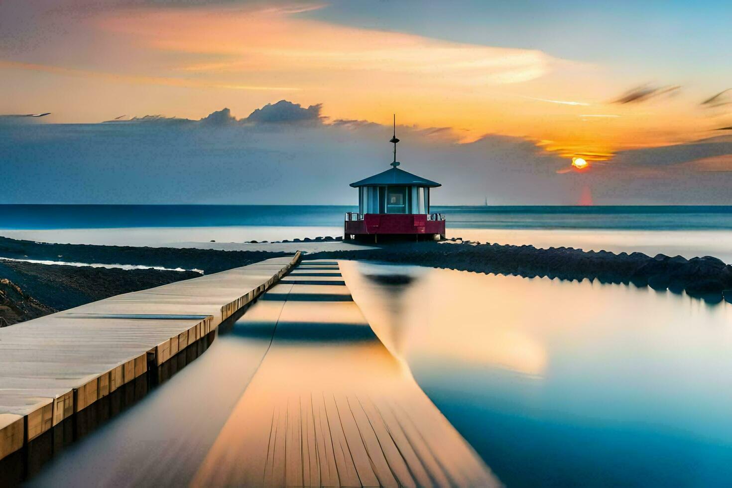 a lighthouse sits on a pier at sunset. AI-Generated photo