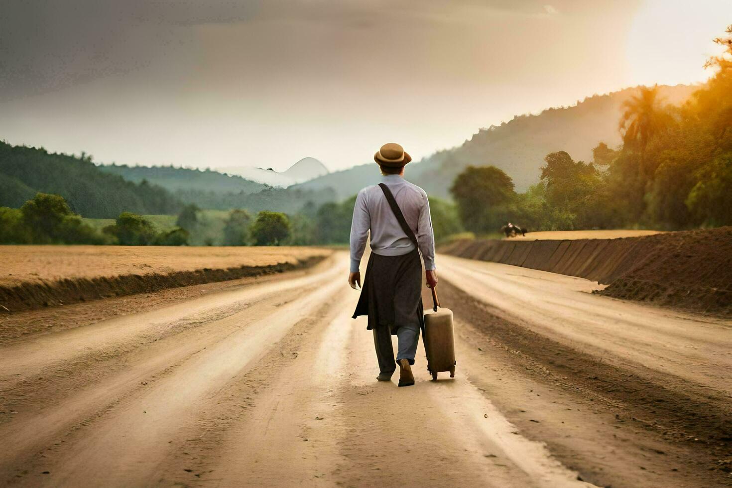 a man with a suitcase walks down a dirt road. AI-Generated photo