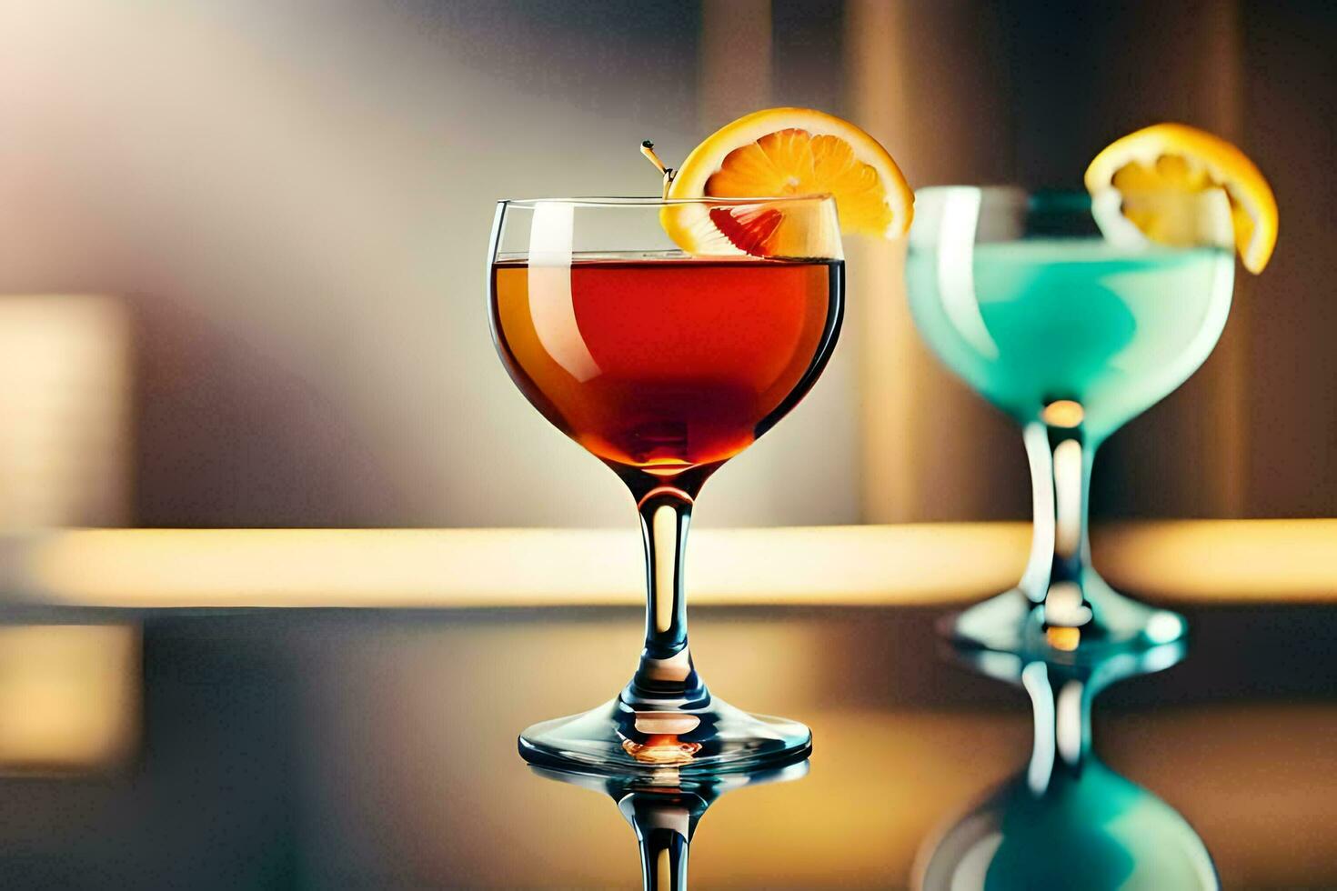 two glasses of cocktails with orange slices on the rim. AI-Generated photo