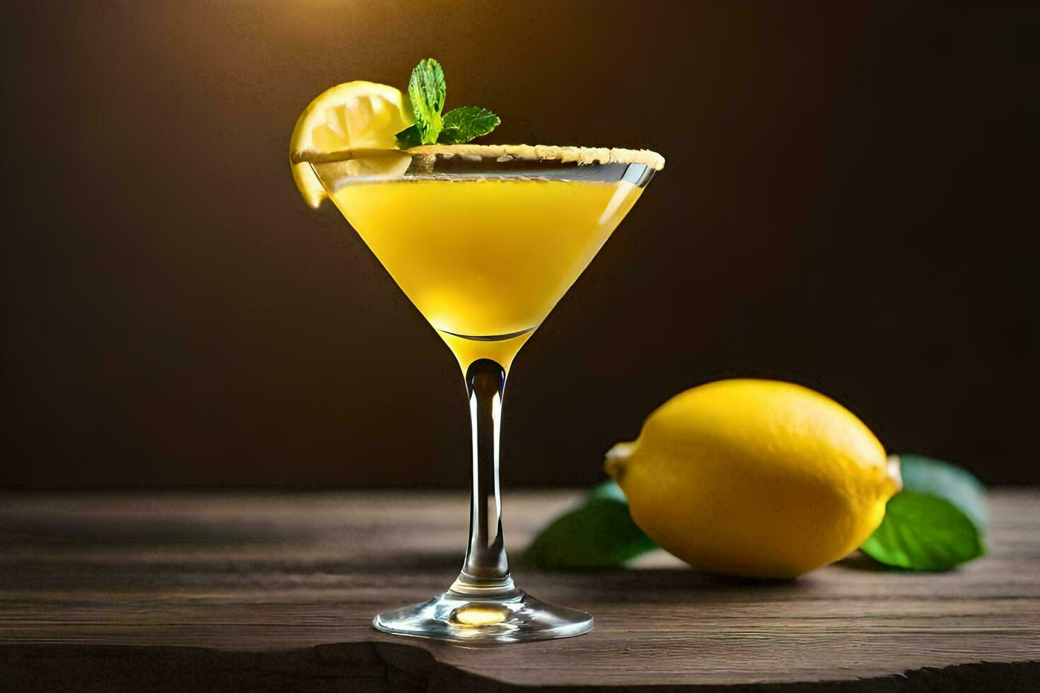 a cocktail with lemon and mint on a wooden table. AI-Generated photo