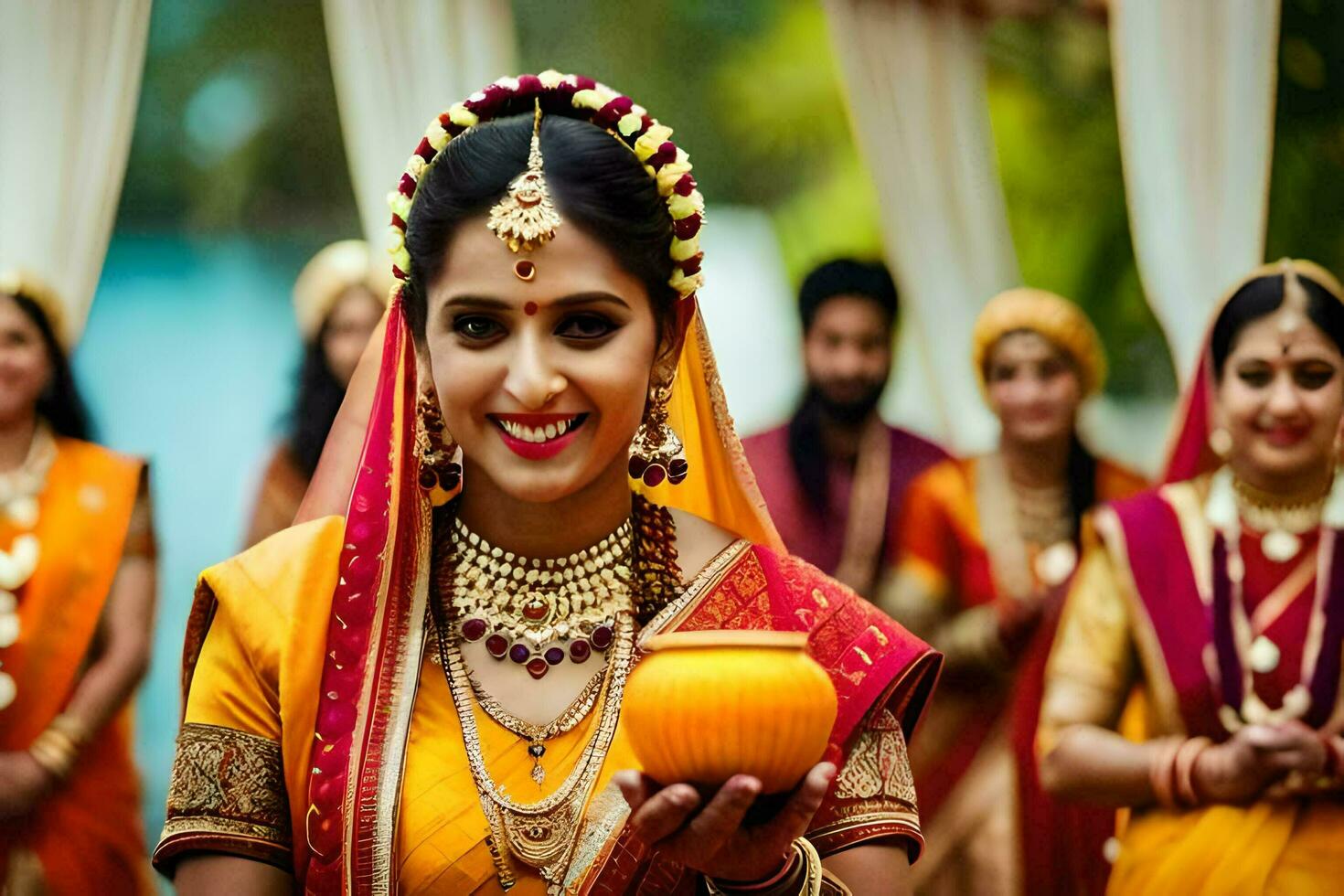 a woman in traditional indian attire holding a pot. AI-Generated photo