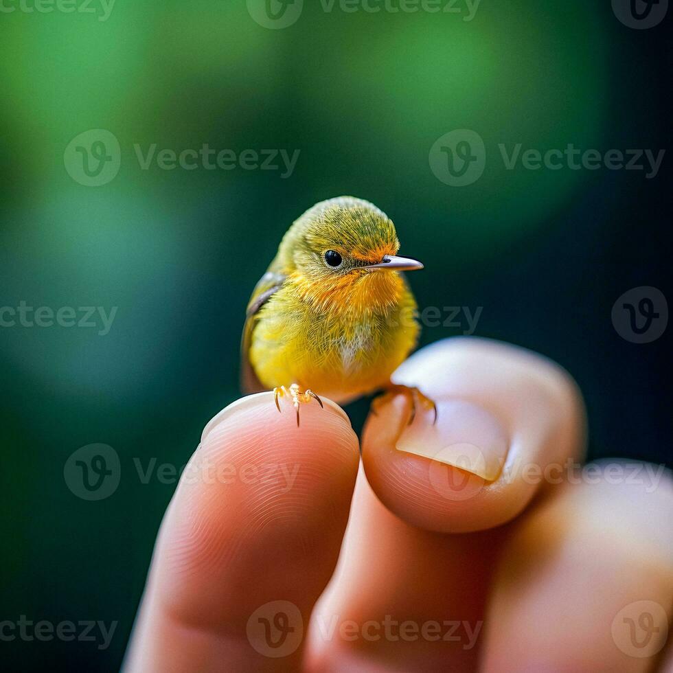 Microcosmic Harmony Generative AI Captures Delicate Bird Perched on Finger photo