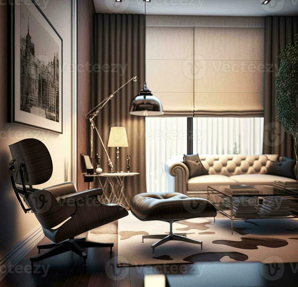 elegante Sillón en un lujoso vivo habitación generativo ai foto