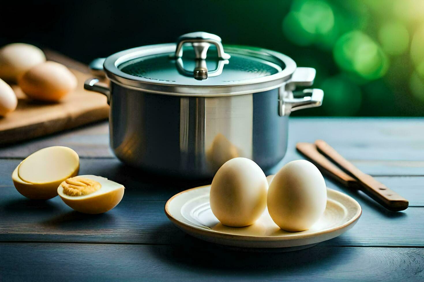 eggs on a plate next to a pot. AI-Generated photo