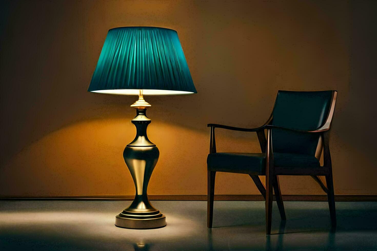 a lamp and chair in a dimly lit room. AI-Generated photo