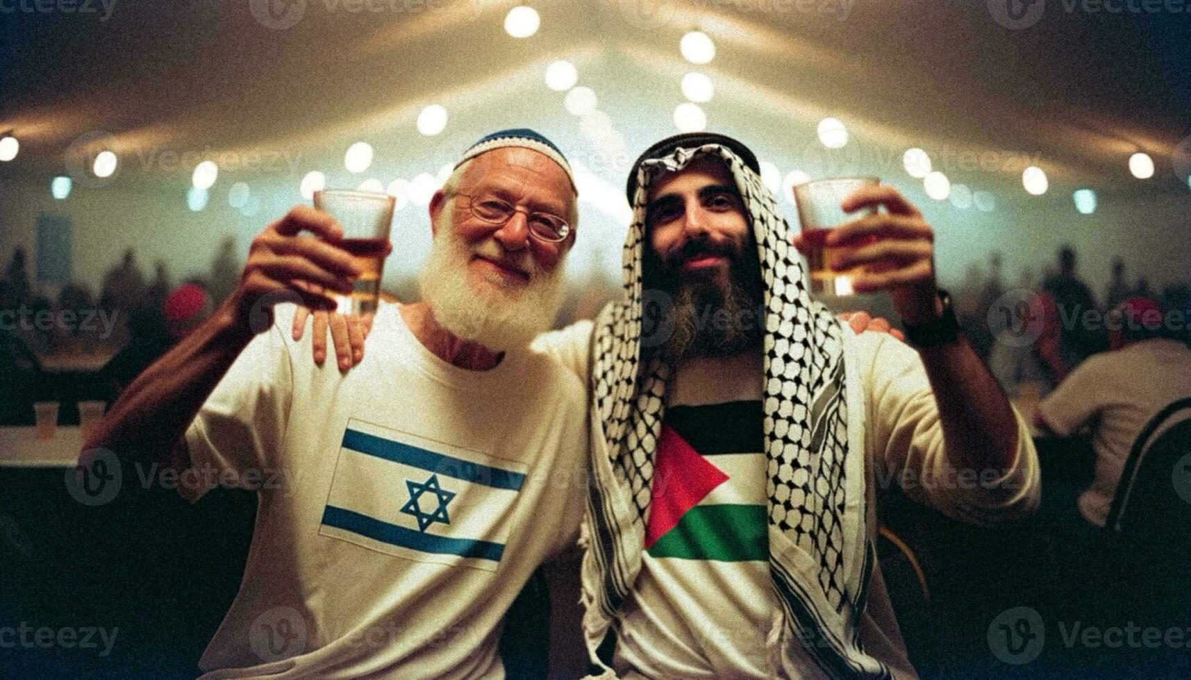 Jewish and Palestinian Men Toast to Peace and Unity. Generative AI. photo