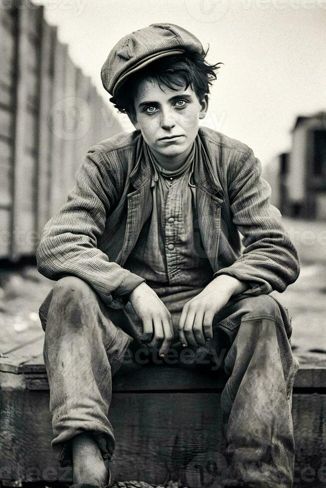 Great Depression Era Boy Portrait, generative ai photo