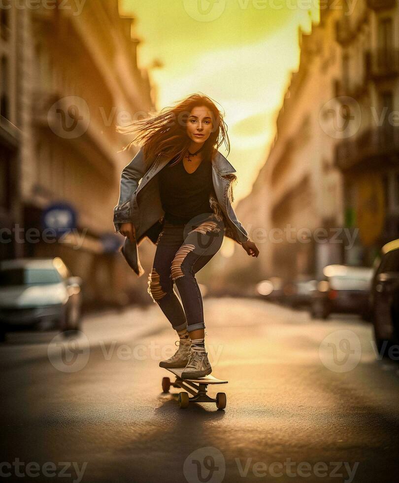 Young Woman Skateboarding on the Streets of Paris, generative ai photo